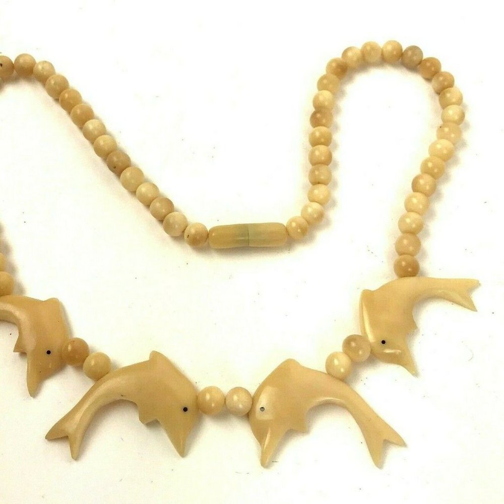 Vintage Dolphin Necklace Bovine Bone Beaded Beach